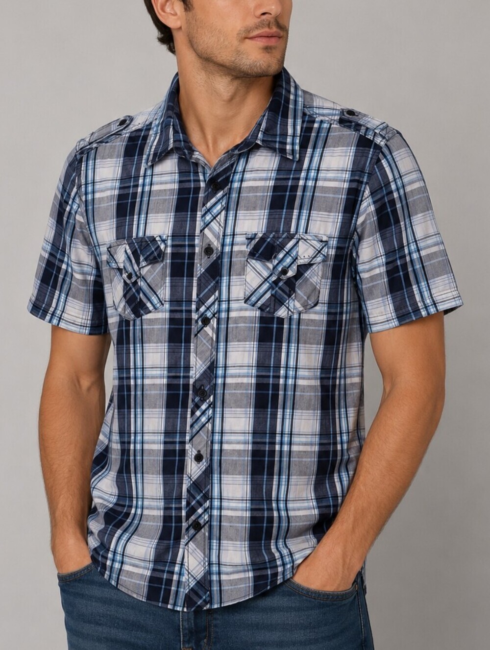 HELIX Button Down Short Sleeve Blue Plaid Western Unisex Shirt